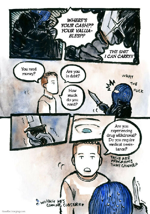 Now Recharging book 2 page preview - ink and watercolour comic page showing a thief trying to threaten the homeowner with a large knife and being completely taken aback by the homeowner ignoring the danger and asking them how much money they need or if they need medical assistance.