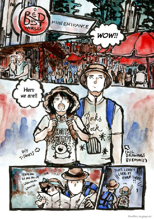 Now Recharging book 4 page preview - ink and watercolour comic page showing two androids wearing cute wide-brimmed hats and custom handmade t-shirts and visiting a bustling theme park.