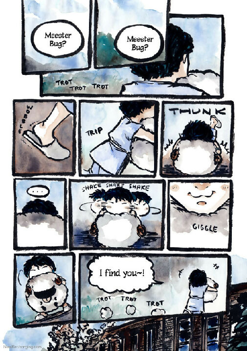 Now Recharging book 3 page preview - ink and watercolour comic page showing the android hugging a stuffed sheep and looking for the bug.