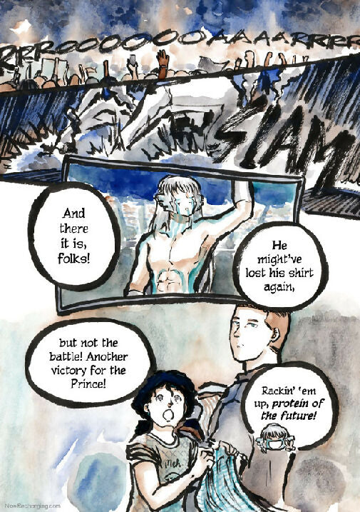 Now Recharging book 4 page preview - ink and watercolour comic page showing two androids watching a gladiator match on TV.