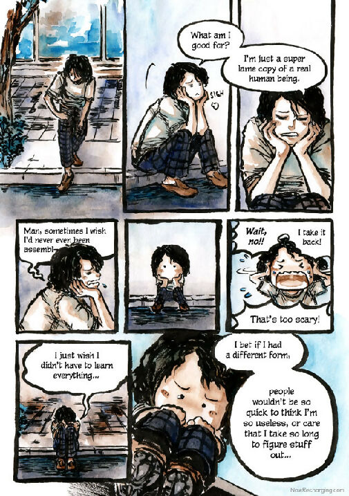 Now Recharging book 1 page preview - ink and watercolour comic page showing an android sitting on the sidewalk and lamenting their ability to learn and being judged by people.