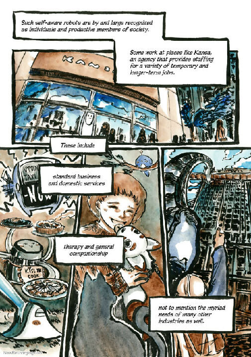 Now Recharging book 1 page preview - ink and watercolour comic page showing a city building and robots doing different types of jobs, from domestic to therapy to construction.