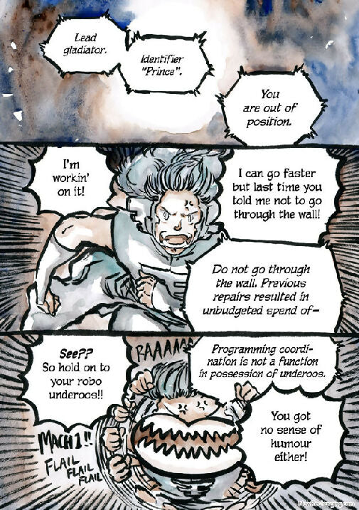 Now Recharging book 4 page preview - ink and watercolour comic page showing an android running and arguing with an unseen robot.