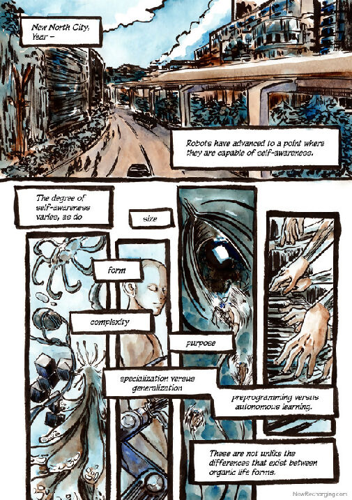 Now Recharging book 1 page preview - ink and watercolour comic page showing intro shots of a city and a world of diverse robots.