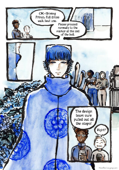 Now Recharging book 5 page preview - ink and watercolour comic page of an elegant blue-robed android taking a walking test.
