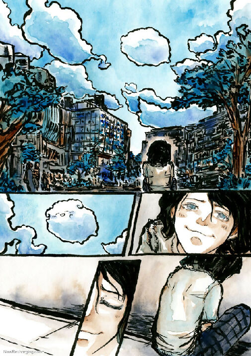 Now Recharging book 1 page preview - ink and watercolour comic page showing an android gazing up to look at the clouds in the sky with a wistful expression.