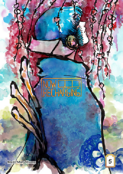 Now Recharging book 5 cover - ink and watercolour illustration of android in vivid blue robes with eyes closed, head tilted up towards drooping branches of weeping plum blossoms.