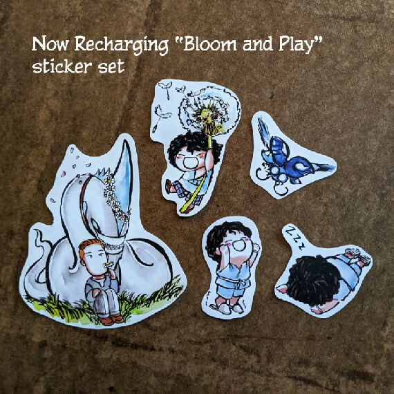 Now Recharging Bloom and Play sticker set showing chibi versions of the characters with flowers, playing or sleeping.