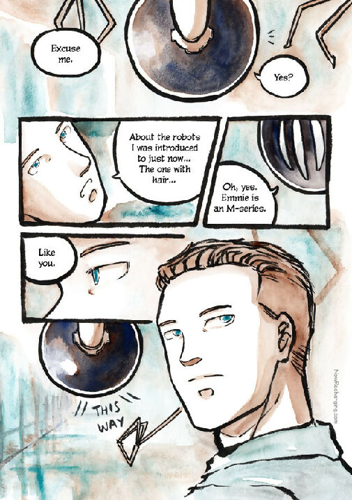 Now Recharging book 2 page preview - ink and watercolour comic page showing the homeowner, an android, talking to another robot.