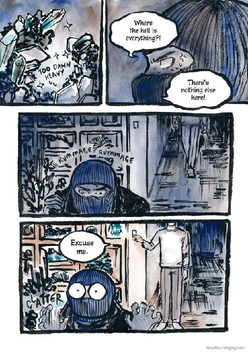 Now Recharging book 2 page preview - ink and watercolour comic page showing a thief rummaging through a dark house and being surprised by someone turning on the lights.