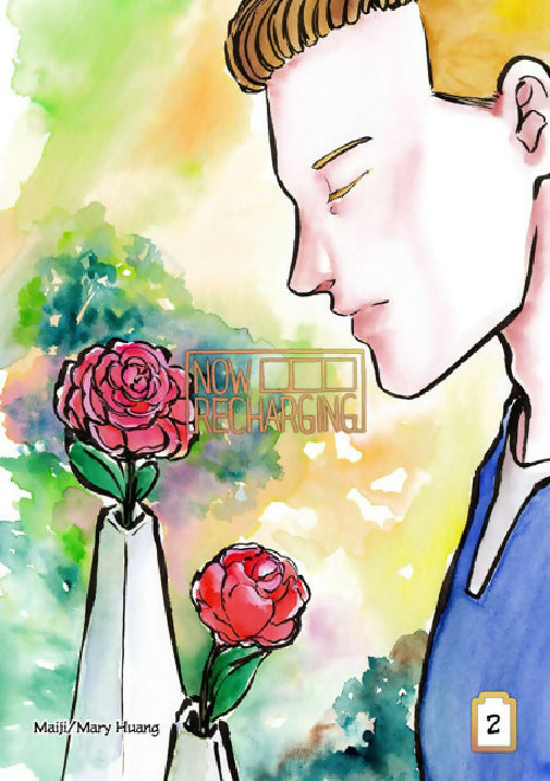 Now Recharging book 2 cover - ink and watercolour illustration of man with closed eyes facing a vase of vivid red-pink flowers.