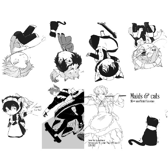 Maids & cats zine layout for a 8 page zine featuring art of Tadashi & Ainosuke in maid outfits while skateboarding.