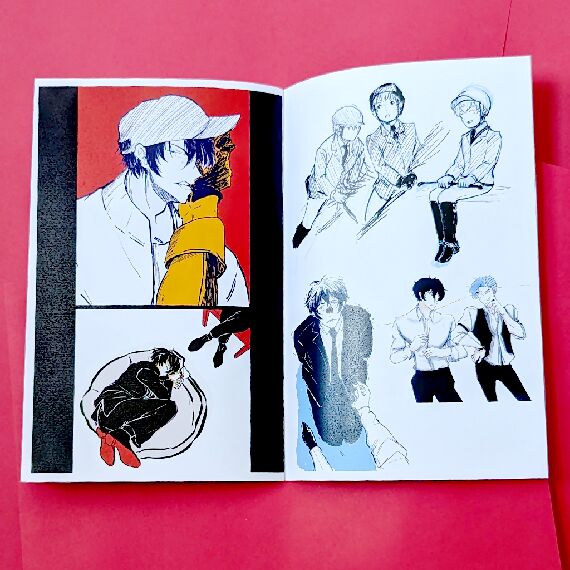 Zine pages - Left top: Snake glaring at the viewer while using his teeth to pull a glove off Adam's hand. Left bottom: Tadashi sleeps in a grey cushion while wearing a dark suit and a pair of shoes with red soles. A man in a dark pair suit sits nearby with his legs crossed on a red chair. Right top: Child Ainosuke dressed for horseback riding: from the left: riding on a horse, looking over while on horseback, and sitting with his legs together