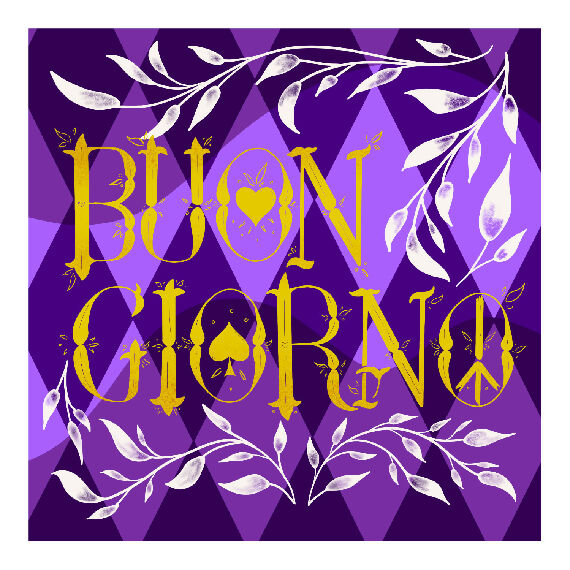 The words "Buon giourno" on a purple diamond background surrounded by white vines.