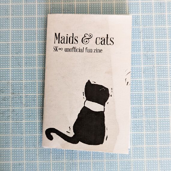 Maids & cats, a Sk8 unofficial fun zine. A cat with a white collar sits while trembling. A feather toy is being waved in front of its face.