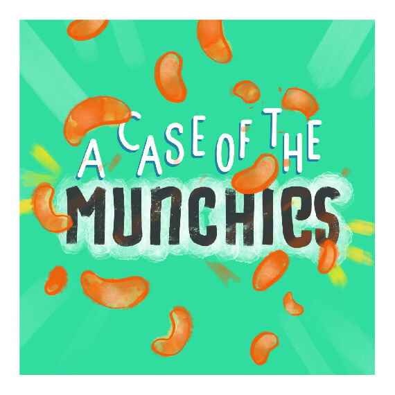 The words "A case of the munchies" surrounded by an explosion of cheese snacks.