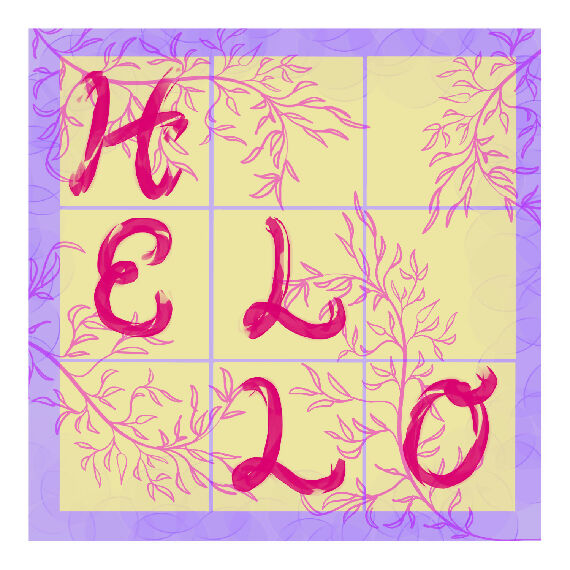 The word "Hello" on a yellow background with a floral pattern.