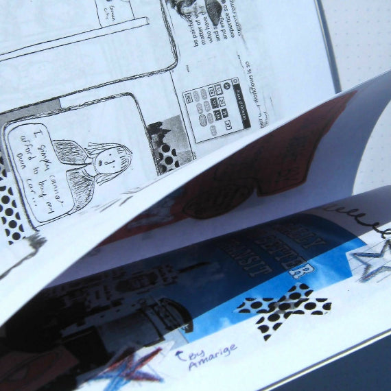 Flipping through the zine is a comic and an illustration of a bus stop.
