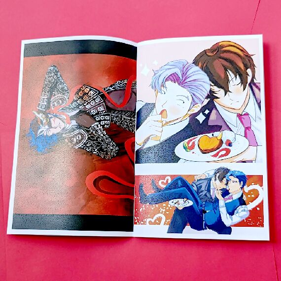 Zine pages - Left: Ainosuke from the anime "SK8 the Infinity" is a young man with bright blue air and red eyes. He lies on the ground in a matador outfit. He is holding a mask in one hand as a red snake crawls on him. A smear of blood shows on one of his cheeks. Right top: Ainosuke and Tadashi wearing their day suits together. Ainosuke looks at a heart-shaped lava cake that is plated nicely with sparkles around him and a surprised expression. Tad