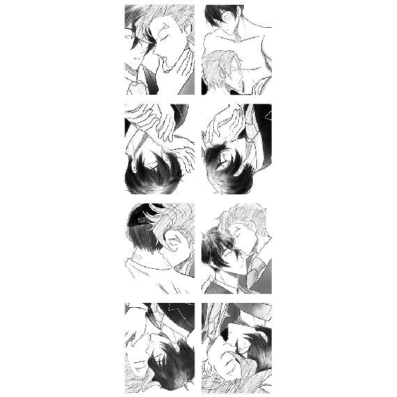 Love & Kissing zine layout back side featuring Tadashi & Ainosuke in a variety of kiss poses.