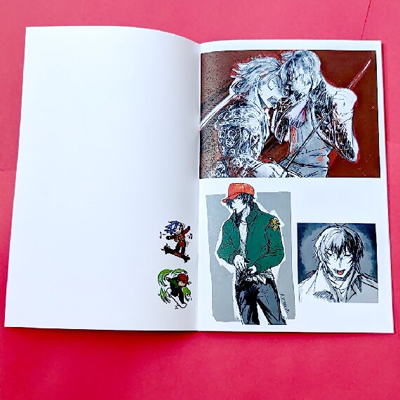 Zine pages: Left: Adam dances on his longboard while Snake rides his white skateboard. Right top: Adam and Snake from the anime "SK8 The Infinity" fighting each other with swords. Adam is dressed as a matador, and Snake in a dark jacket and purple cravat. They are both bleeding. Right bottom left: Snake from the anime "SK8 The Infinity" removes his black gloves. He is a young man with short black hair under a red cap. He is wearing an olive bombe