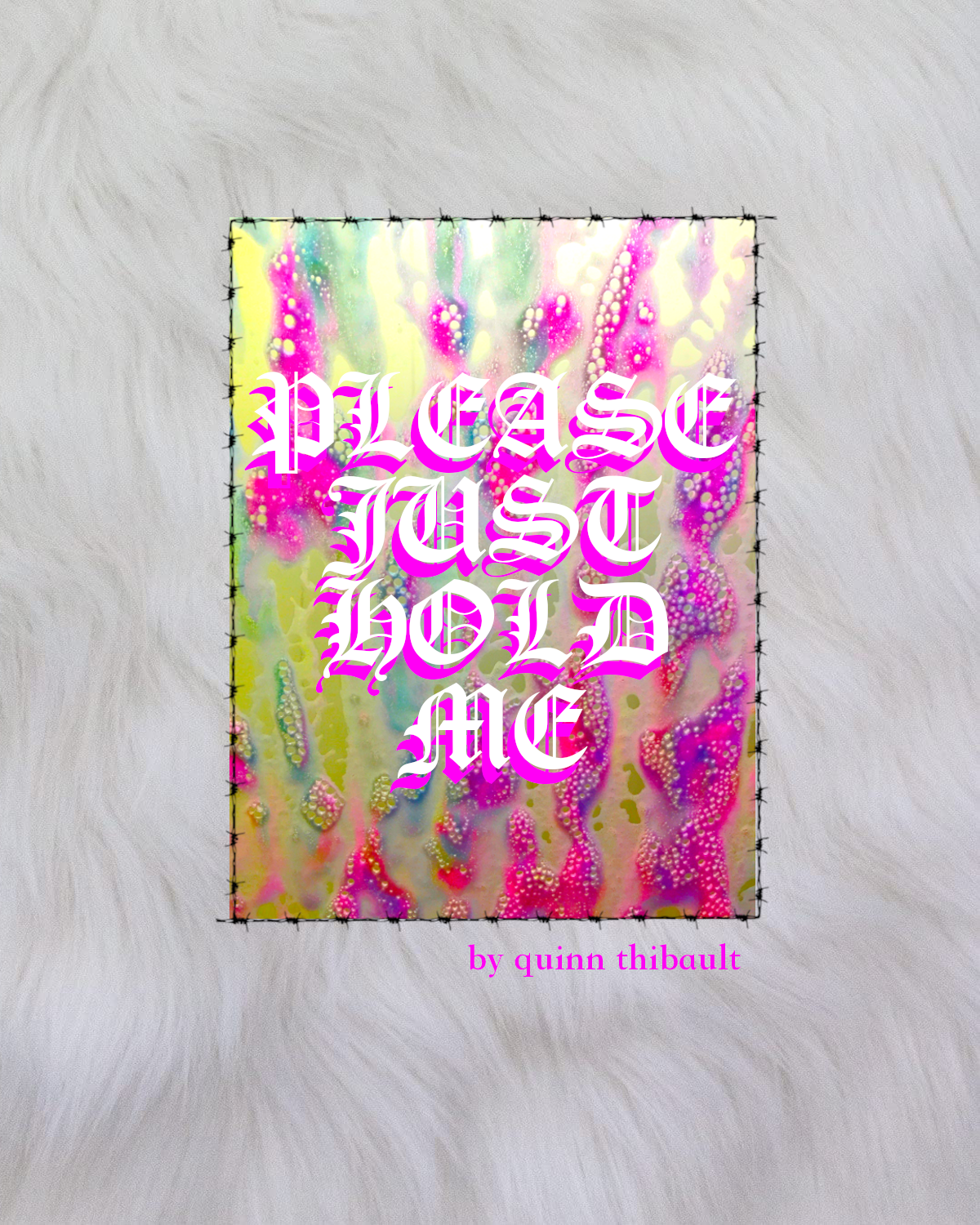 Please Just Hold Me is a chaotic, trauma-heavy zine riddled with text and oversaturated imagery. It tackles subjects such as emotional and verbal abuse, mental illness, addiction and detailed sexual encounters. 