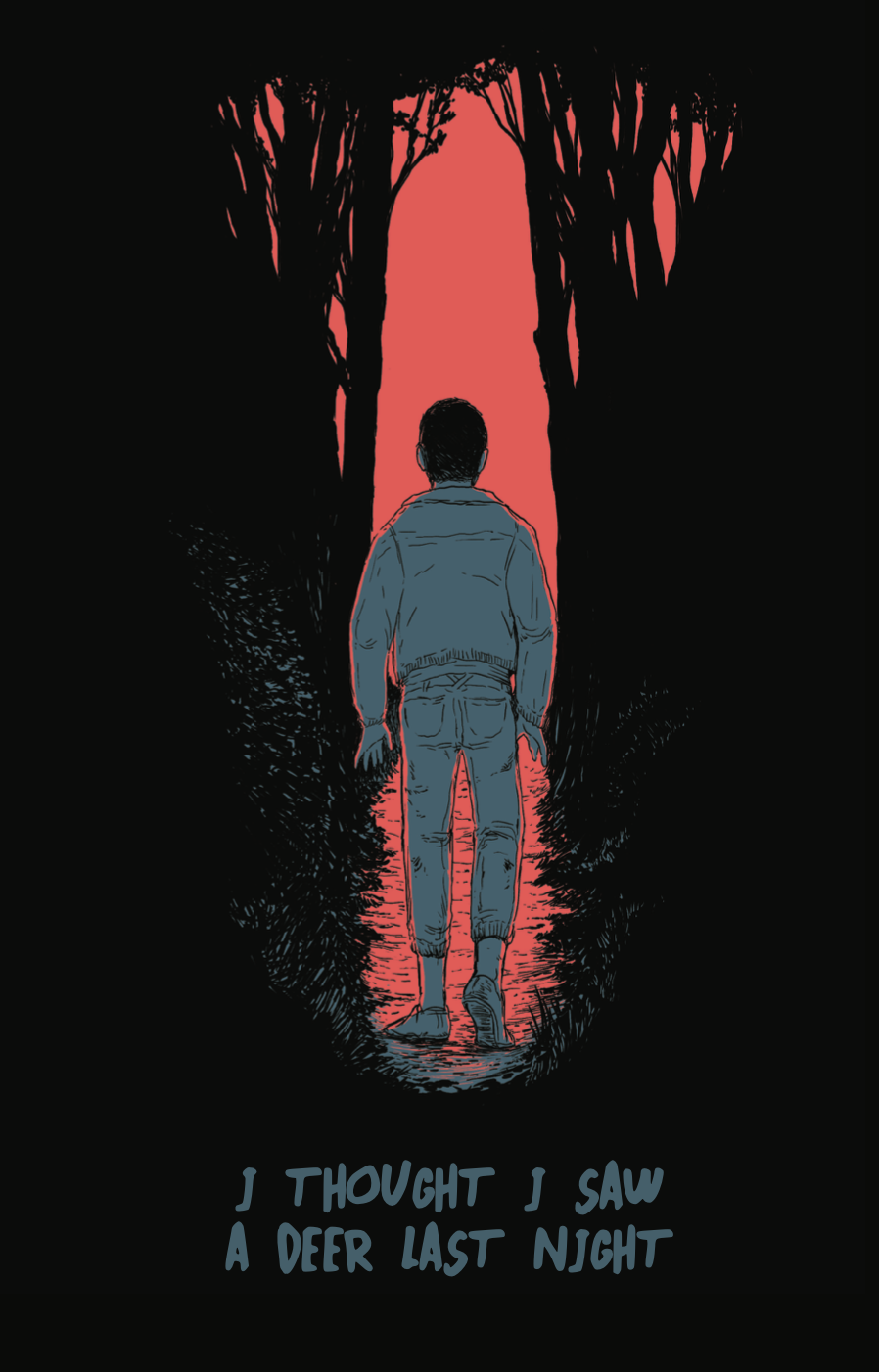 I Thought I Saw A Deer Last Night PDF, a digital downloadable file of the short horror comic about a man who nearly runs over a creature in the middle of the night, and ends up following it deep into the woods.